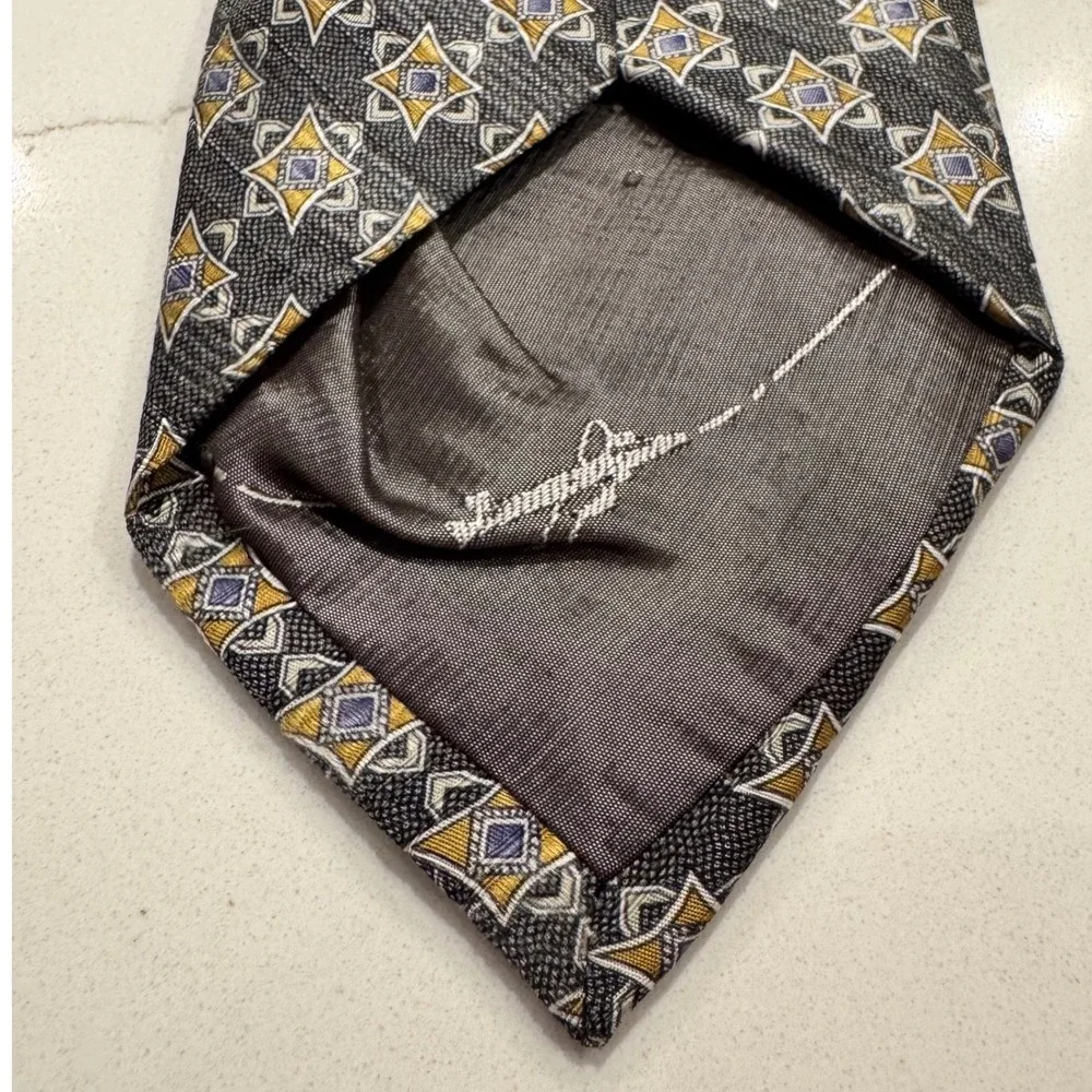 Zanzara Mens Silk Necktie Charcoal Grey Gold Geometric Star Pattern Hand Made